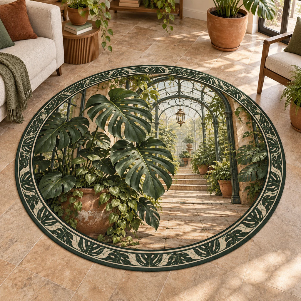 Monstera Greenhouse Round Mat Rug with split Monstera leaves before a receding greenhouse arch and botanical framing