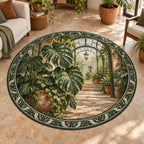 Monstera Greenhouse Round Mat Rug with split Monstera leaves before a receding greenhouse arch and botanical framing