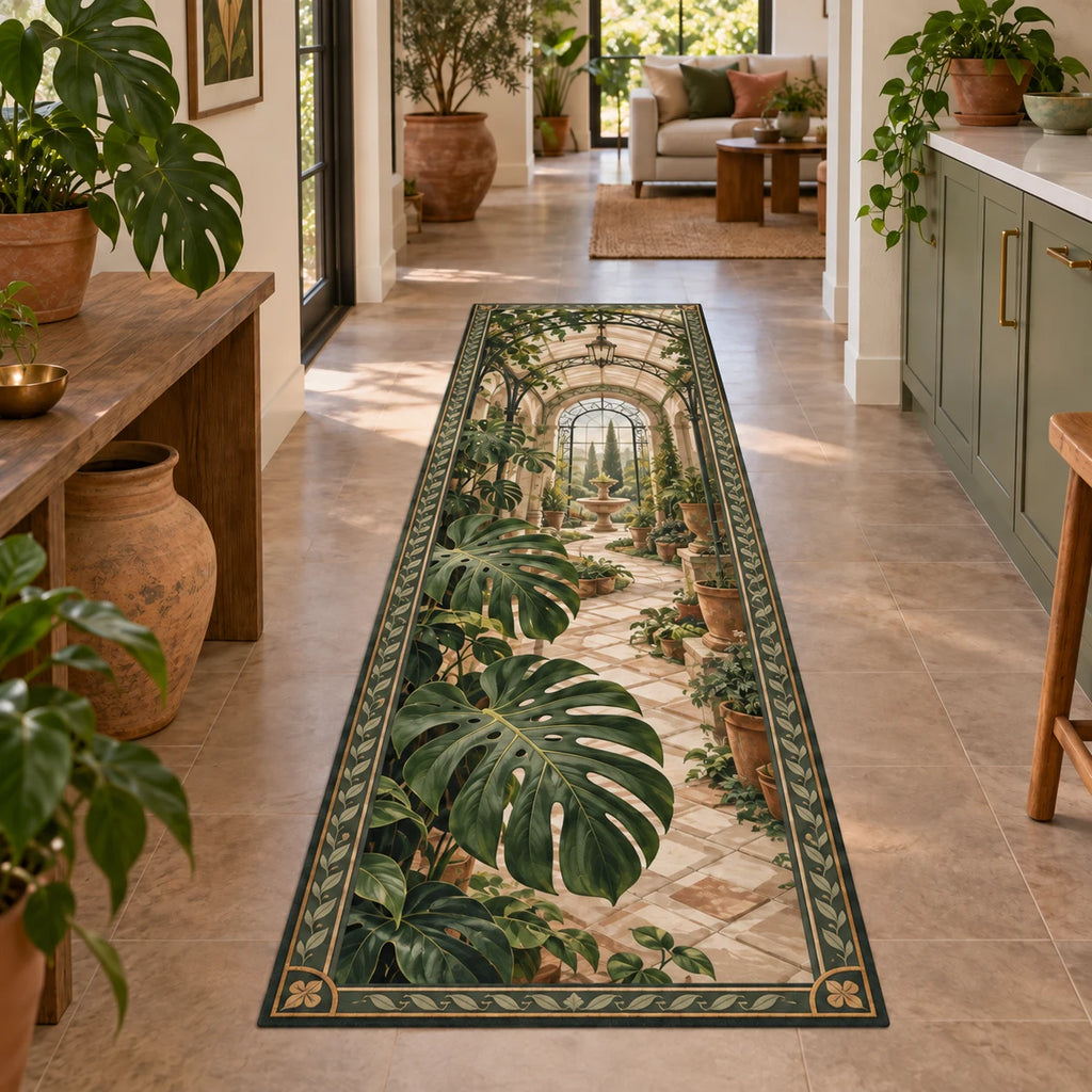 Monstera Arched Greenhouse Runner Rug with split Monstera leaves before a receding greenhouse arch and botanical framing
