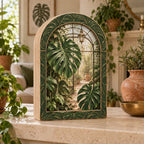 Monstera Greenhouse Wooden Block - 3 Layer Decor showing Monstera leaves and a recessed greenhouse arch
