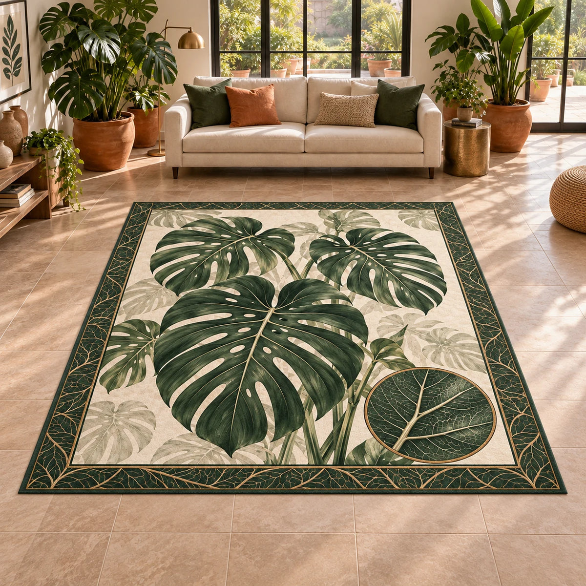 Monstera Botanical Study Area Rug featuring green split leaves, a vein-detail inset and matching plant-filled decor