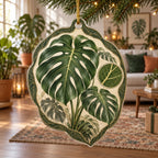 Monstera Botanical Study Christmas Ornament featuring green split leaves, a vein-detail inset and matching plant-filled decor