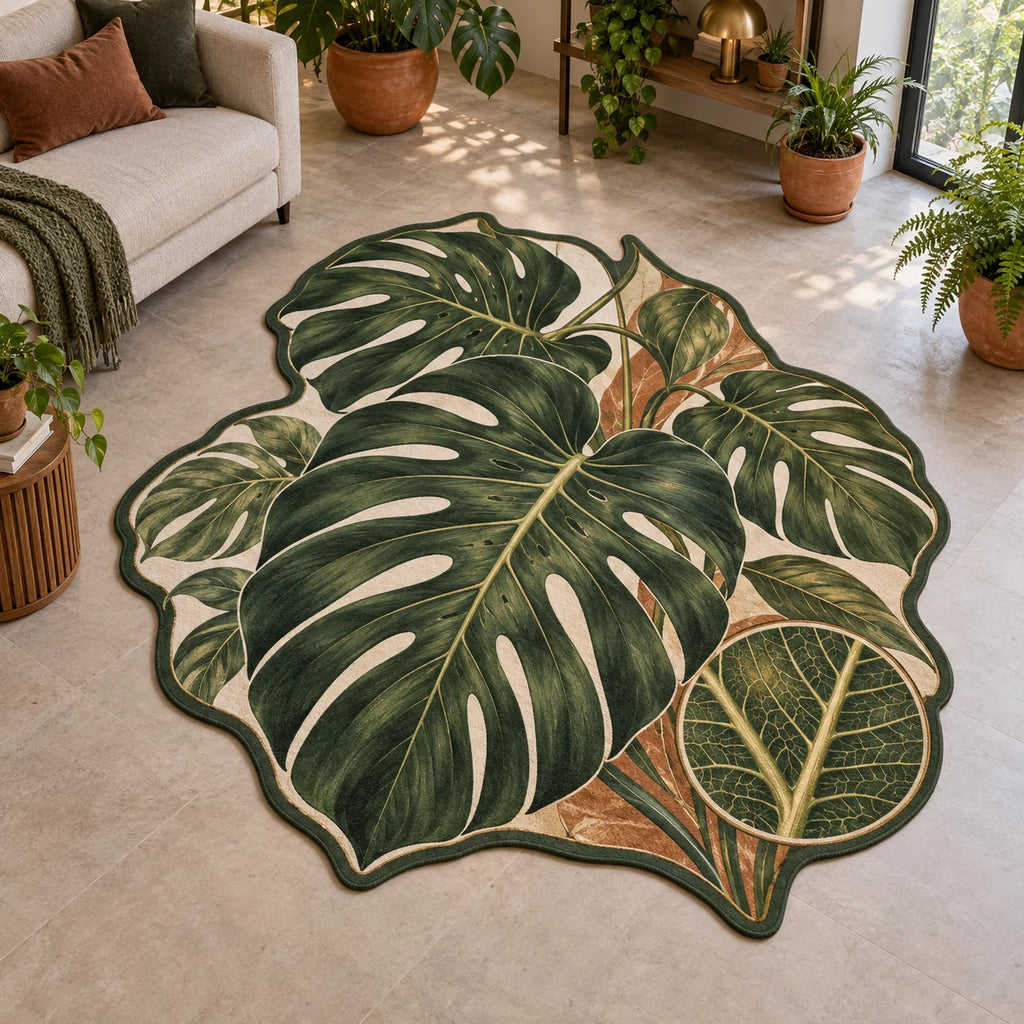 Monstera Botanical Study Custom Shape Area Rug featuring green split leaves, a vein-detail inset and matching plant-filled decor