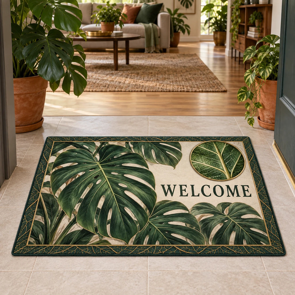 Monstera Botanical Study Doormat featuring green split leaves, a vein-detail inset and matching plant-filled decor