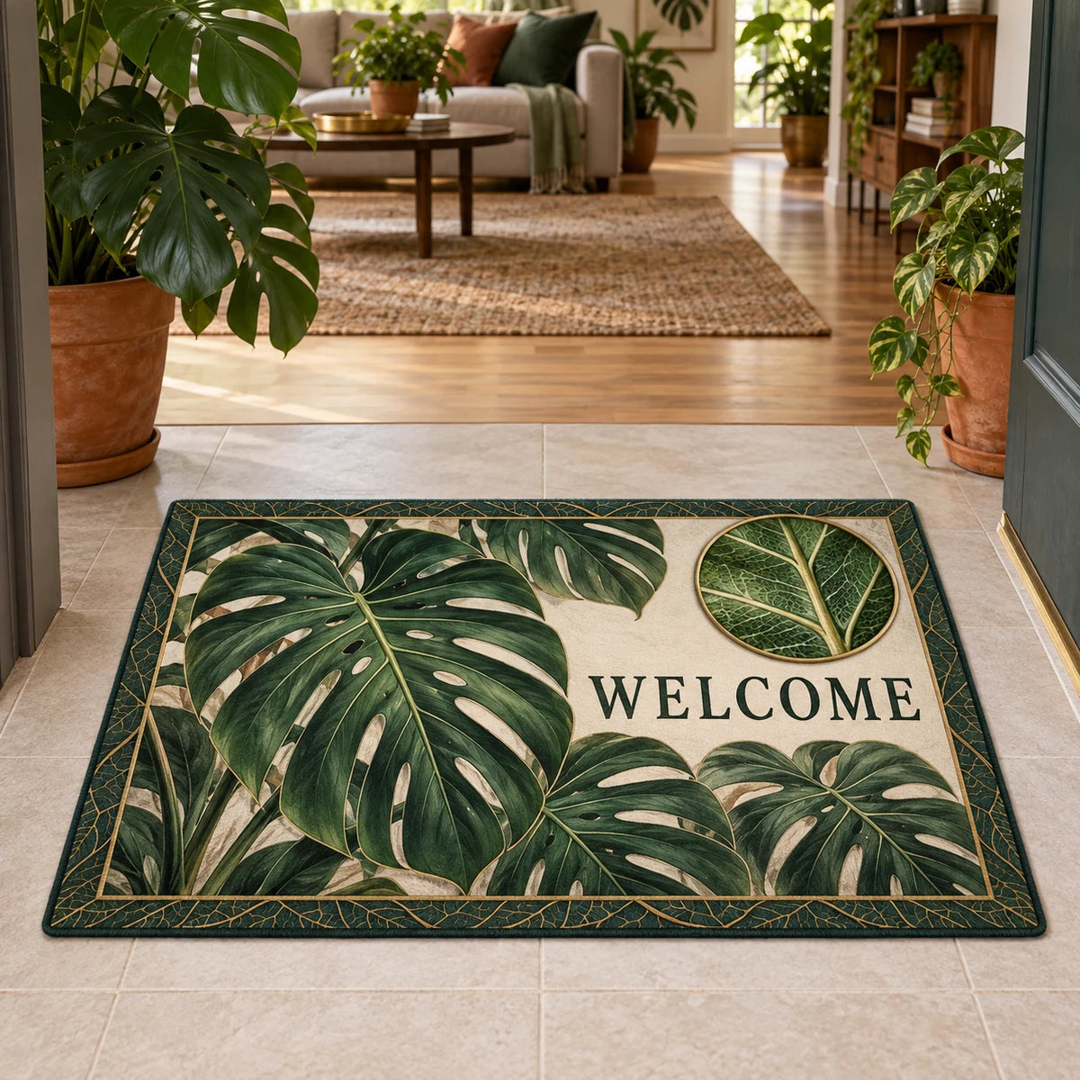 Monstera Botanical Study Doormat featuring green split leaves, a vein-detail inset and matching plant-filled decor