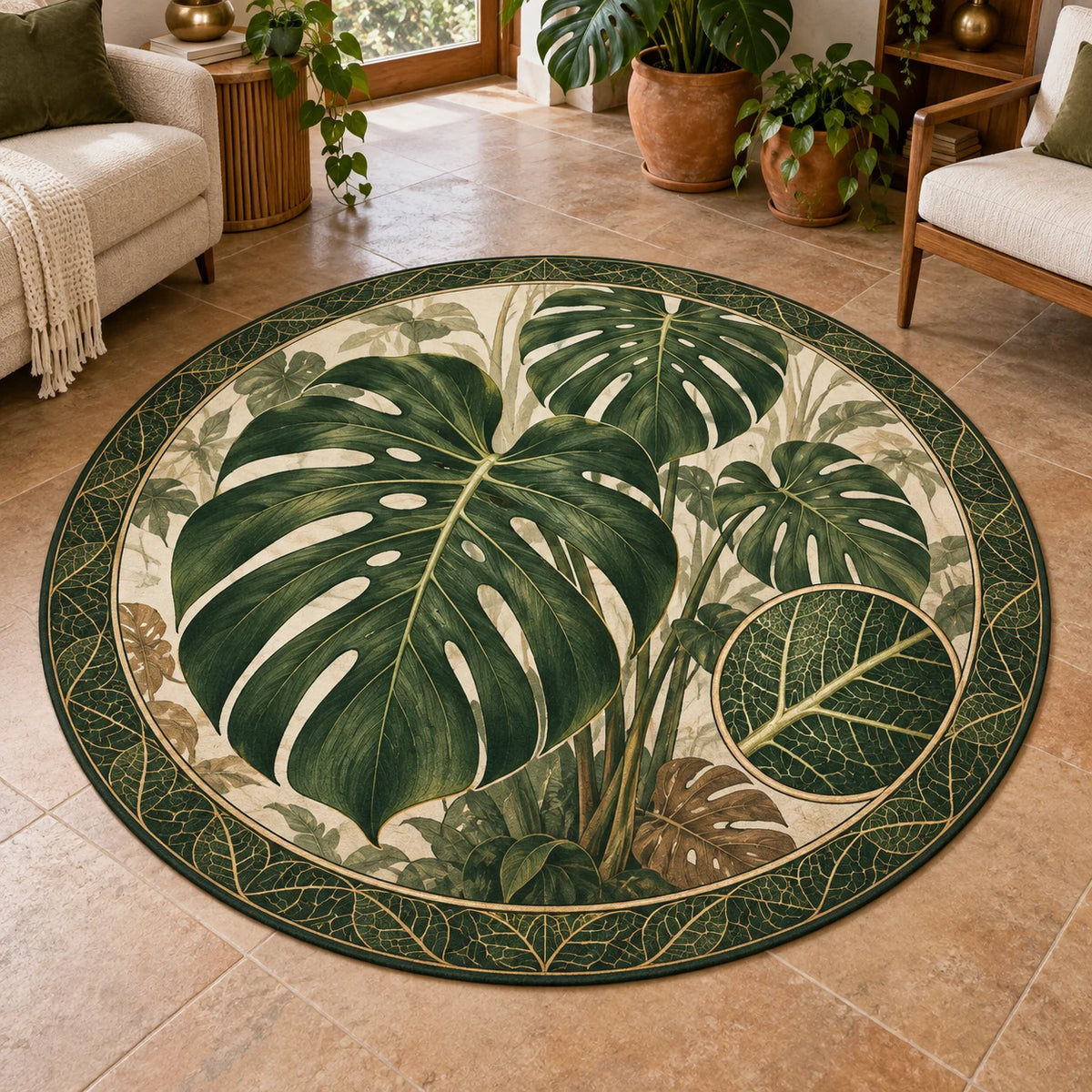 Monstera Botanical Study Round Mat Rug featuring green split leaves, a vein-detail inset and matching plant-filled decor