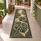 Monstera Botanical Study Runner Rug featuring green split leaves, a vein-detail inset and matching plant-filled decor