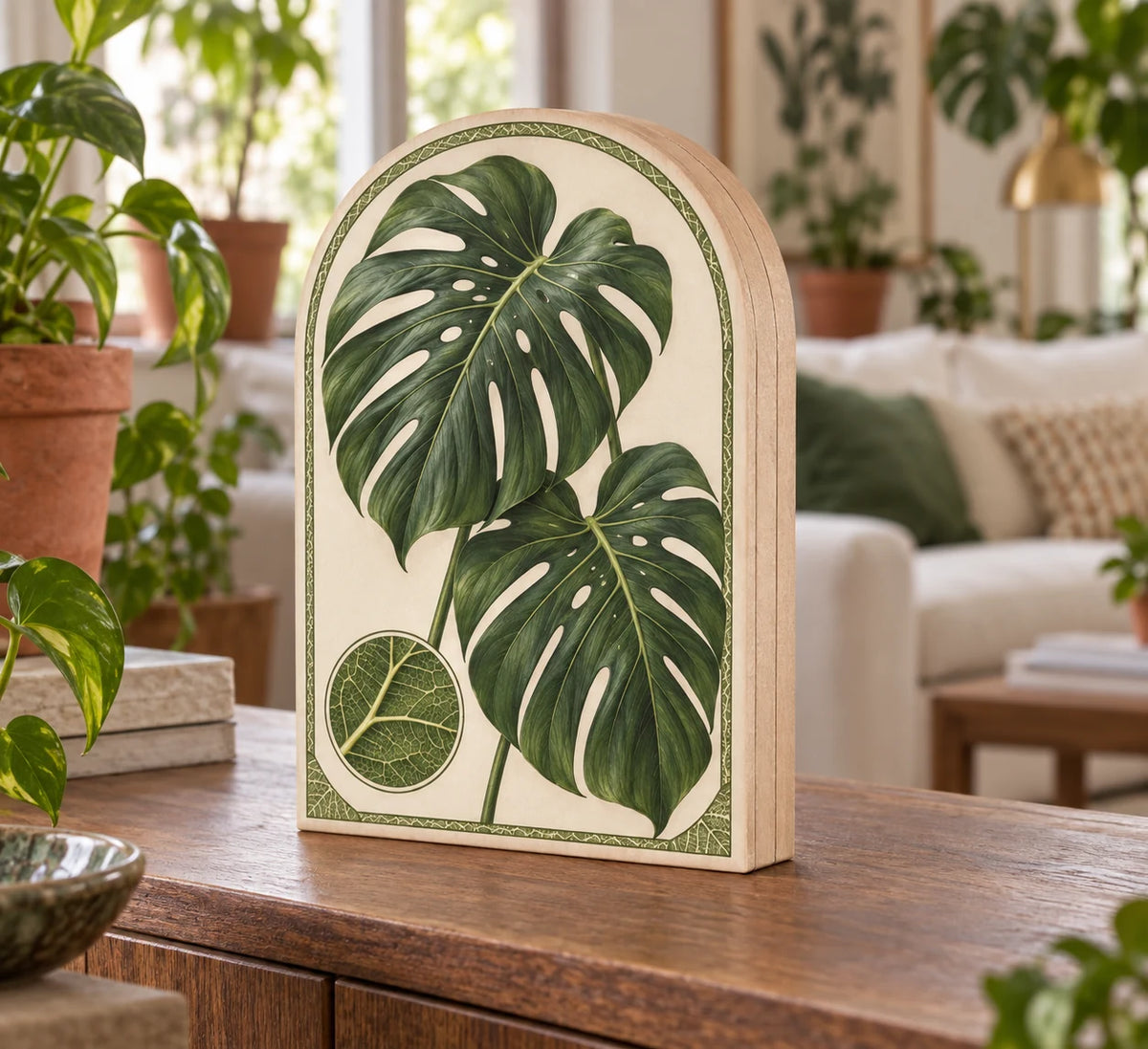 Monstera Botanical Study Wooden Block 3 Layer with two monstera leaves and a circular vein inset