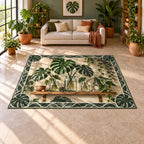Monstera Propagation Area Rug with dimensional printed artwork in a coordinated interior