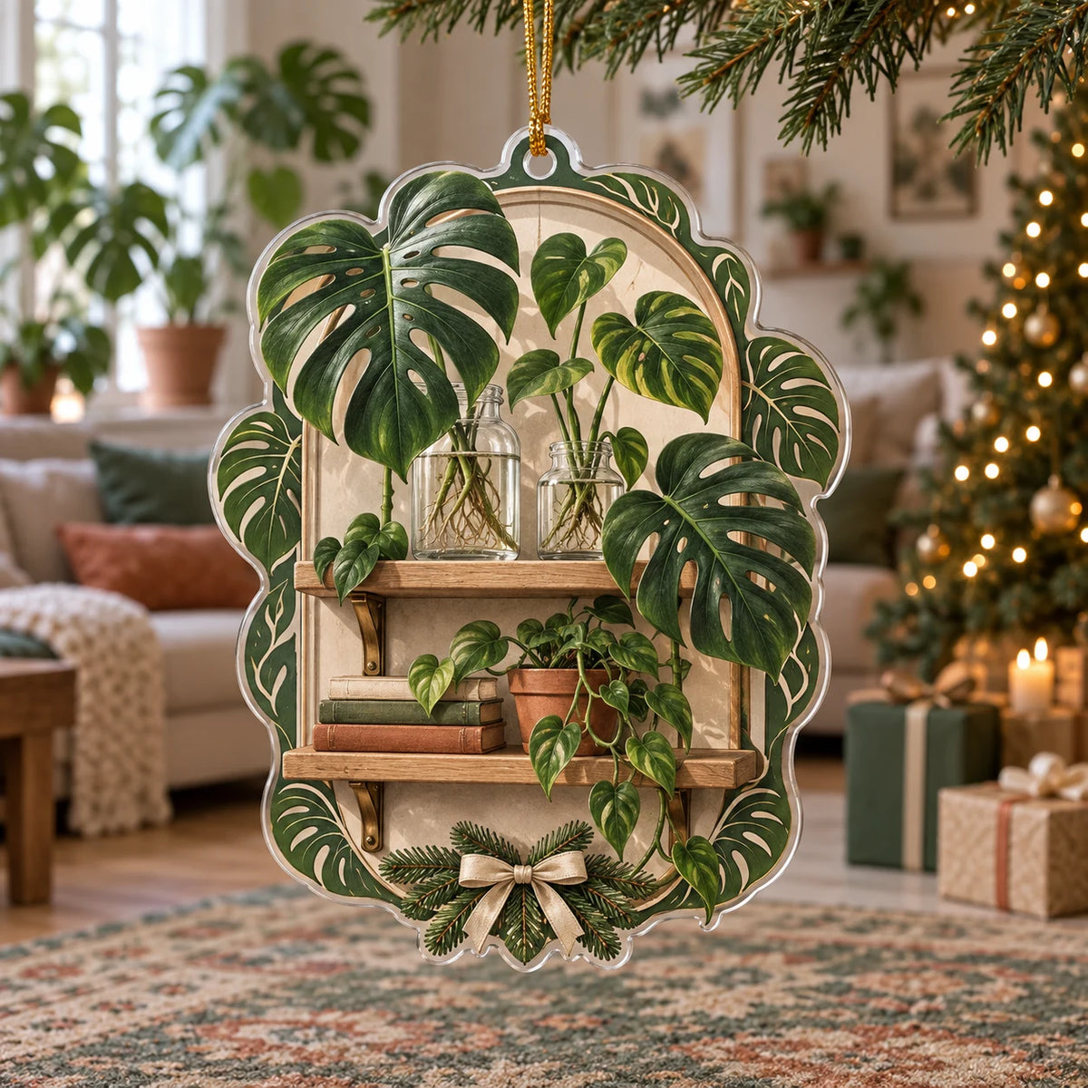Monstera Propagation Christmas Ornament with dimensional printed botanical artwork in a matching interior