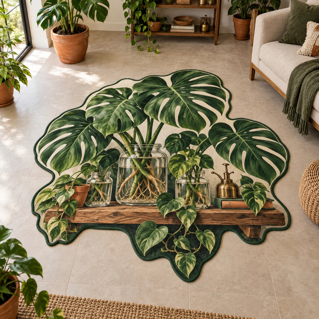 Monstera Propagation Custom Shape Rug with dimensional printed botanical artwork in a matching interior
