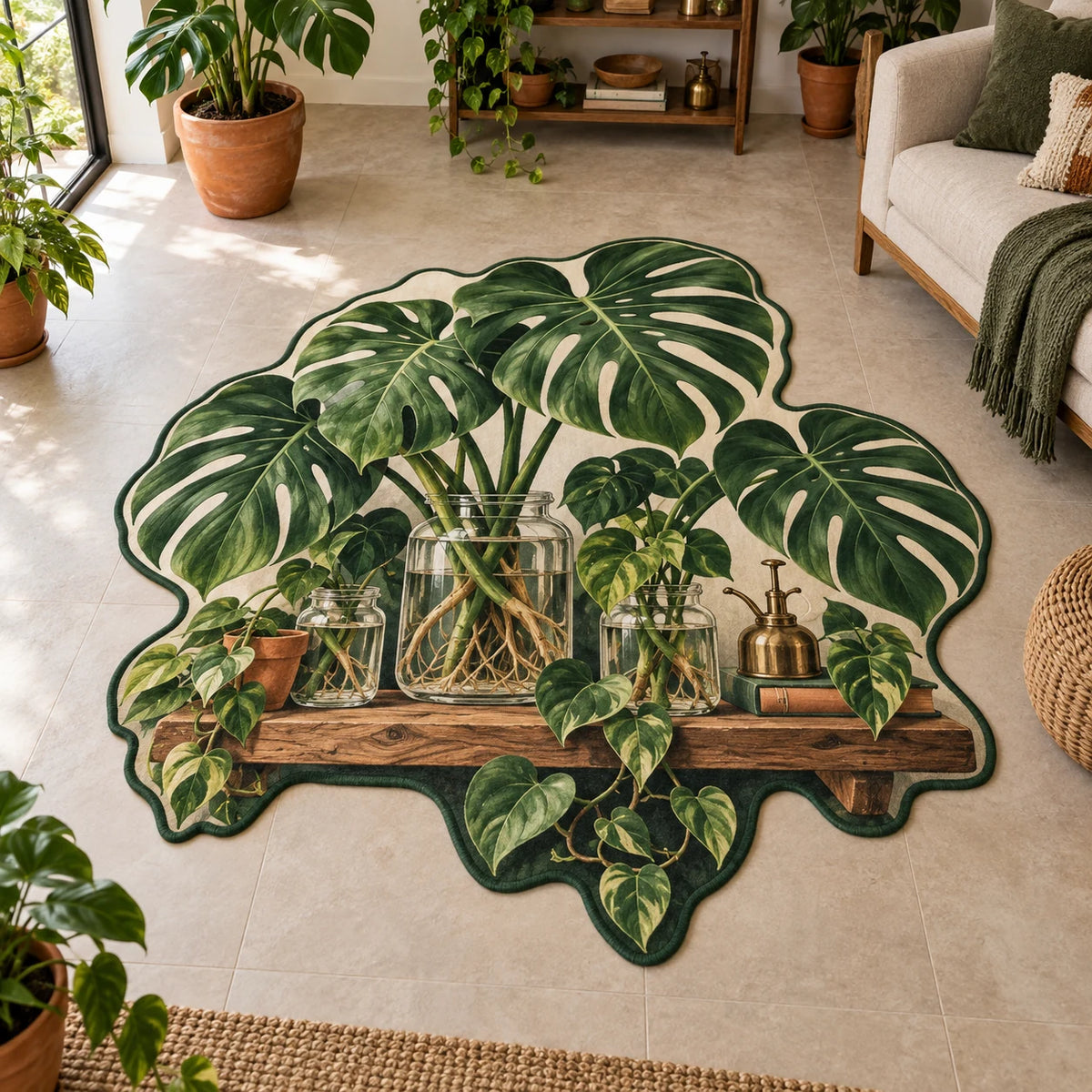Monstera Propagation Custom Shape Rug with dimensional printed botanical artwork in a matching interior