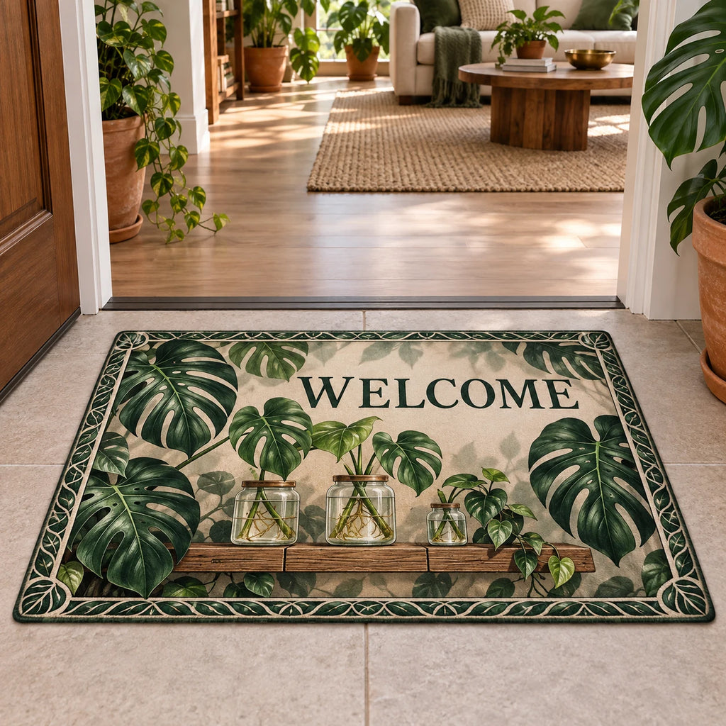 Monstera Propagation Welcome Doormat with dimensional printed botanical artwork in a matching interior
