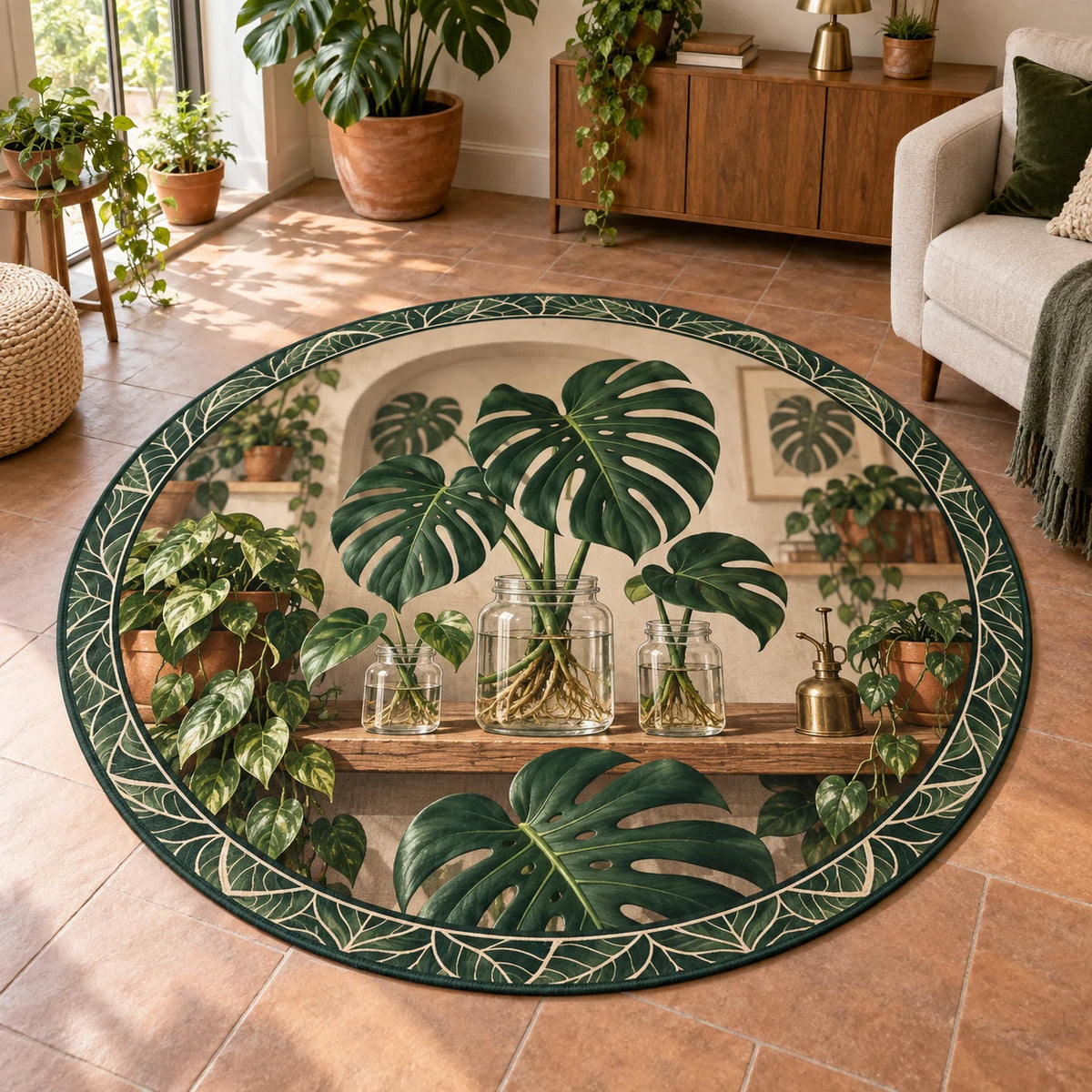 Monstera Propagation Round Rug with dimensional printed artwork in a coordinated interior