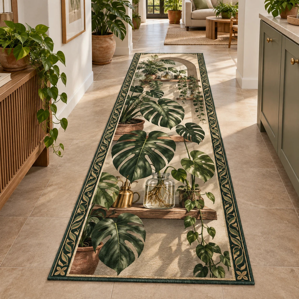 Monstera Propagation Runner Rug with dimensional printed botanical artwork in a matching interior