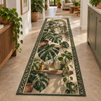 Monstera Propagation Runner Rug with dimensional printed botanical artwork in a matching interior