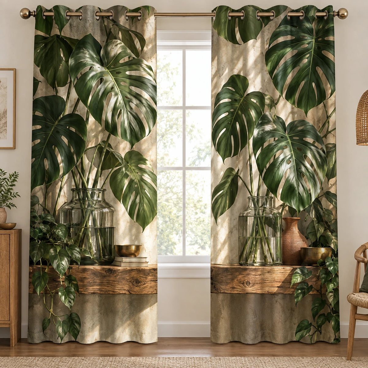 Monstera Propagation Shelf Window Curtains with printed dimensional artwork
