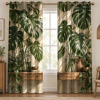 Monstera Propagation Shelf Window Curtains with printed dimensional artwork