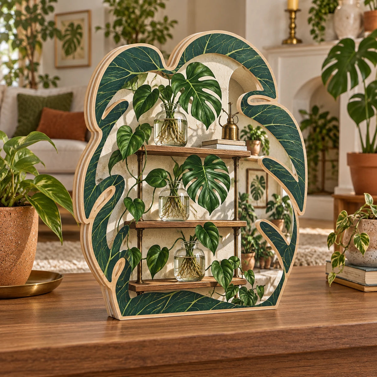 Monstera Propagation 3-Layer Wooden Block with dimensional printed botanical artwork in a matching interior