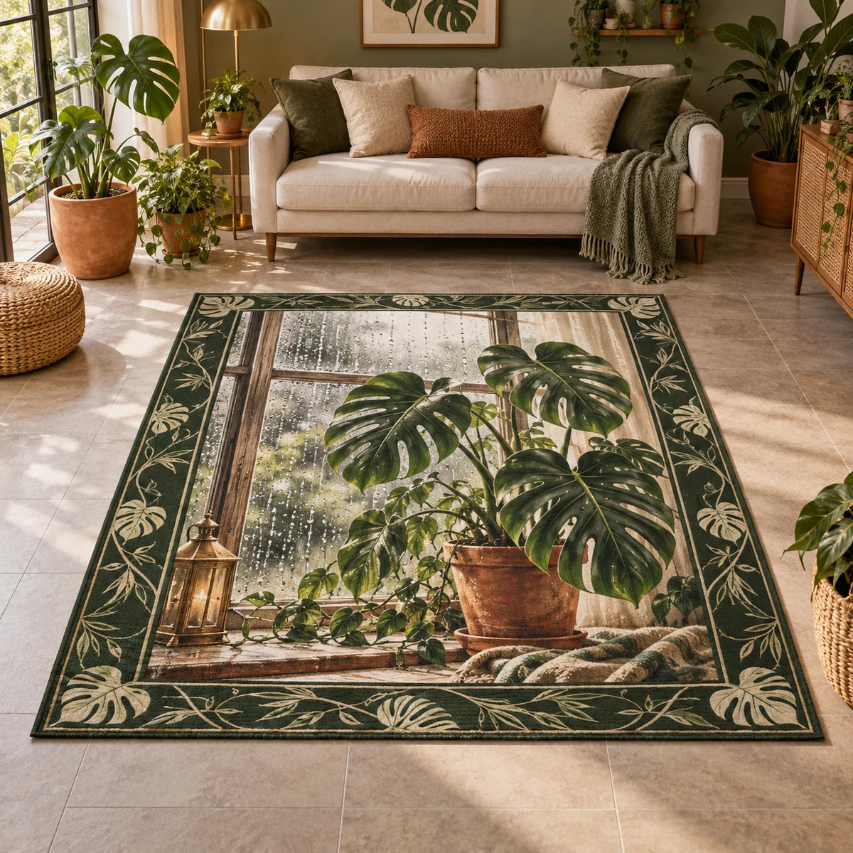 Monstera Rainy Window Area Rug with Monstera leaves, terracotta pot and rainy window in a plant-filled room