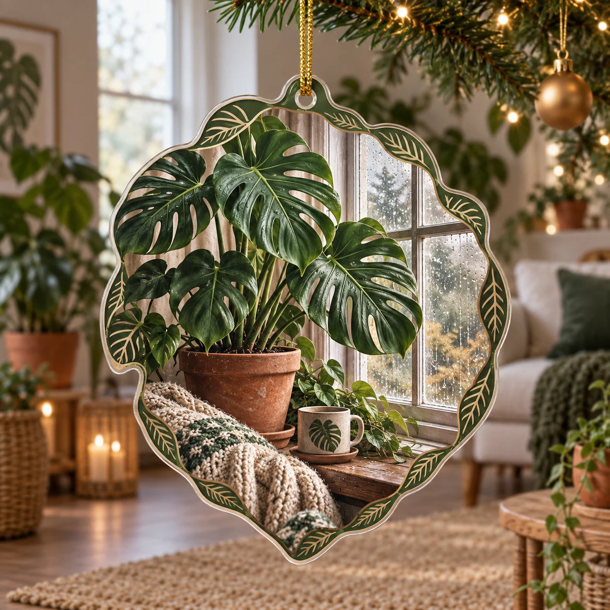 Monstera Rainy Window Christmas Ornament with Monstera leaves, terracotta pot and rainy window in a plant-filled room