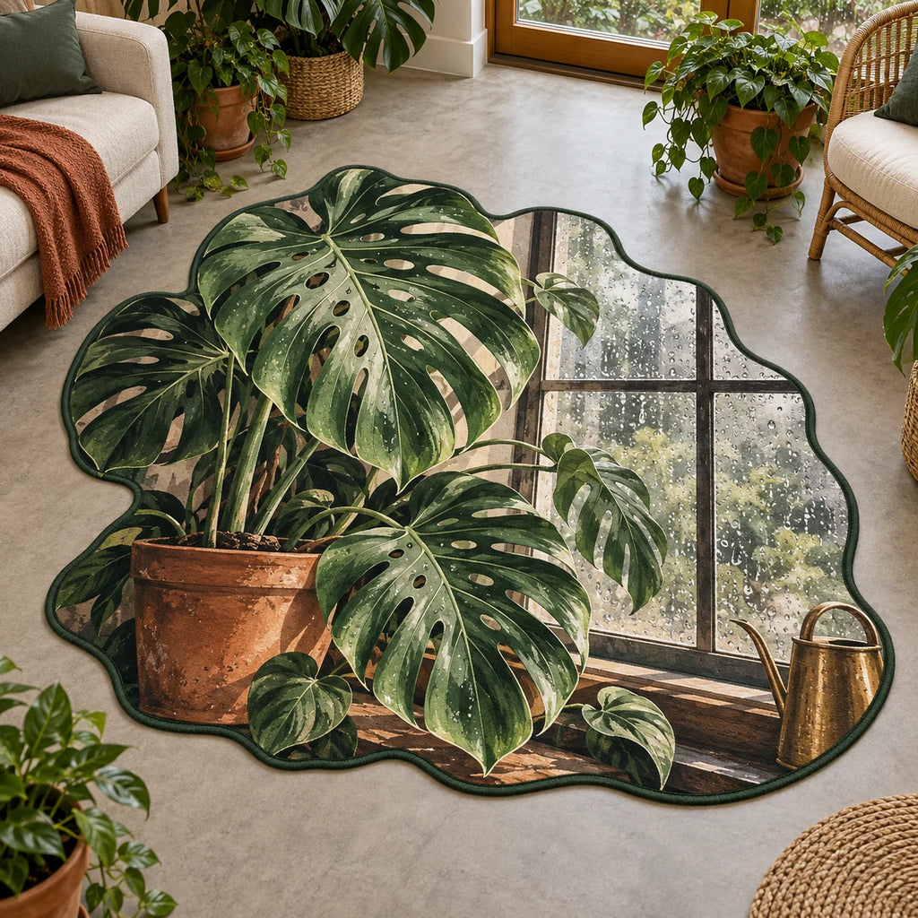 Custom Shape Area Rug with printed Monstera rainy-window scene and green botanical framing in a plant-filled room