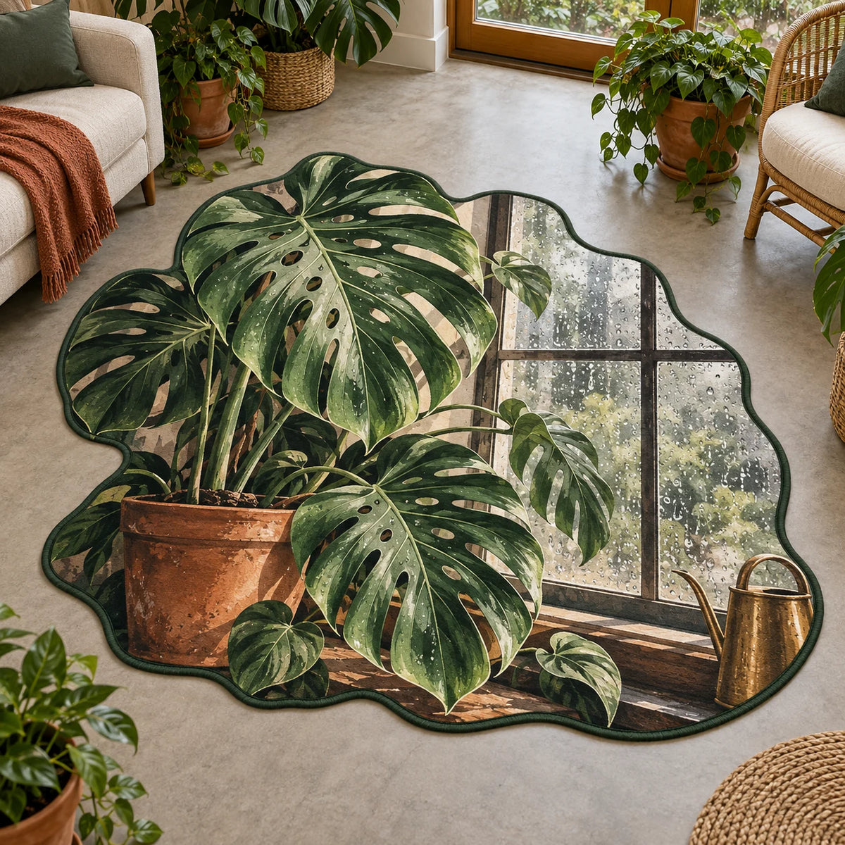 Custom Shape Area Rug with printed Monstera rainy-window scene and green botanical framing in a plant-filled room