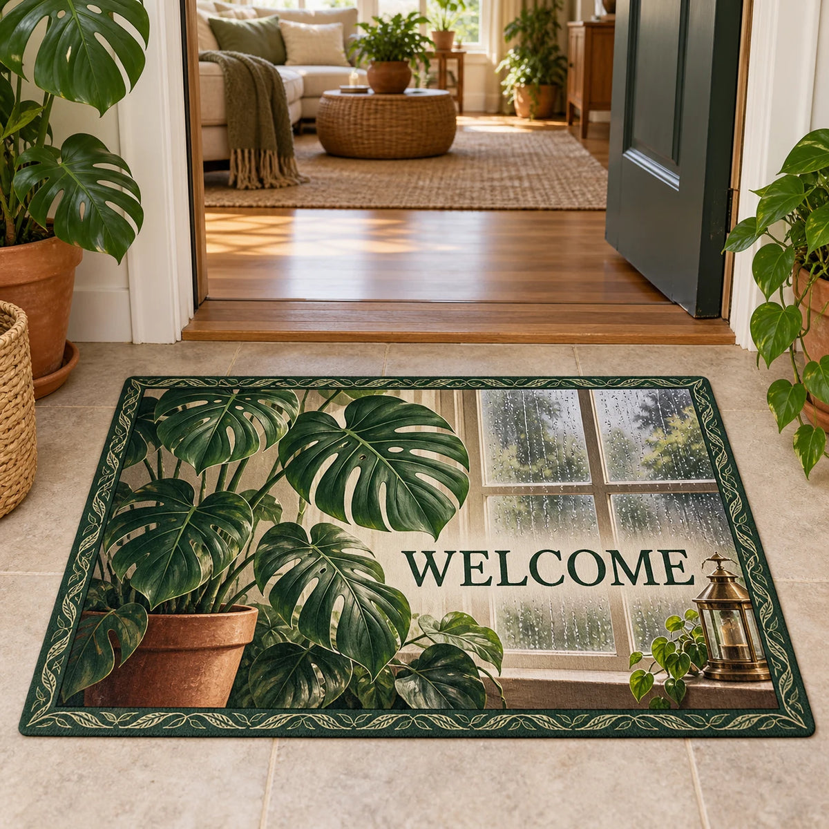 Monstera Rainy Window Doormat with Monstera leaves, terracotta pot and rainy window in a plant-filled room