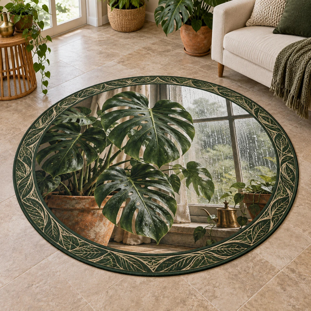 Monstera Rainy Window Round Mat Rug with Monstera leaves, terracotta pot and rainy window in a plant-filled room