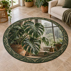 Monstera Rainy Window Round Mat Rug with Monstera leaves, terracotta pot and rainy window in a plant-filled room