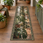 Monstera Rainy Window Runner Rug with Monstera leaves, terracotta pot and rainy window in a plant-filled room