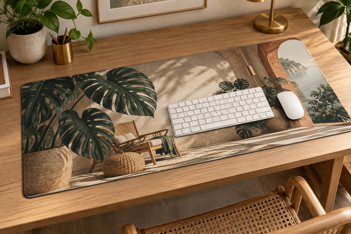 Monstera Rattan Corner Desk Mat with printed dimensional artwork