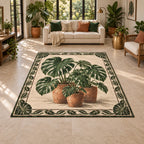 Monstera Terracotta Cluster Area Rug with dimensional printed artwork in a matching indoor setting