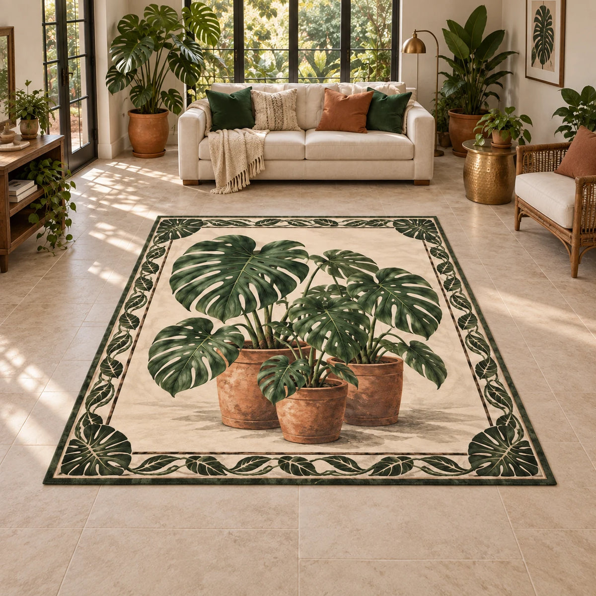 Monstera Terracotta Cluster Area Rug with dimensional printed artwork in a matching indoor setting
