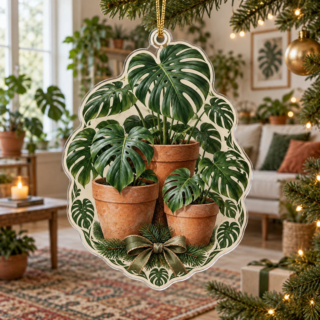 Monstera Terracotta Cluster Christmas Ornament with dimensional printed artwork in a matching indoor setting