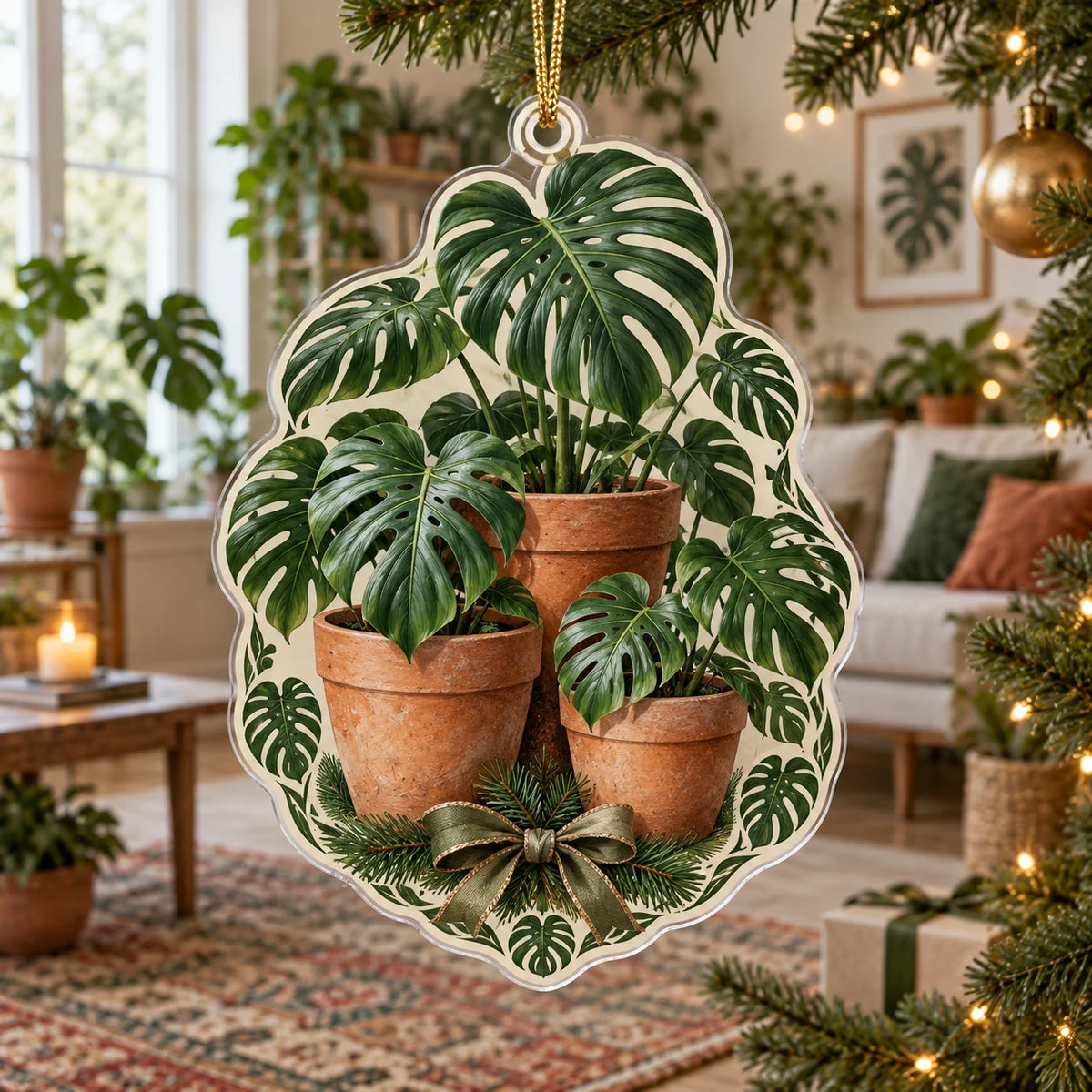 Monstera Terracotta Cluster Christmas Ornament with dimensional printed artwork in a matching indoor setting