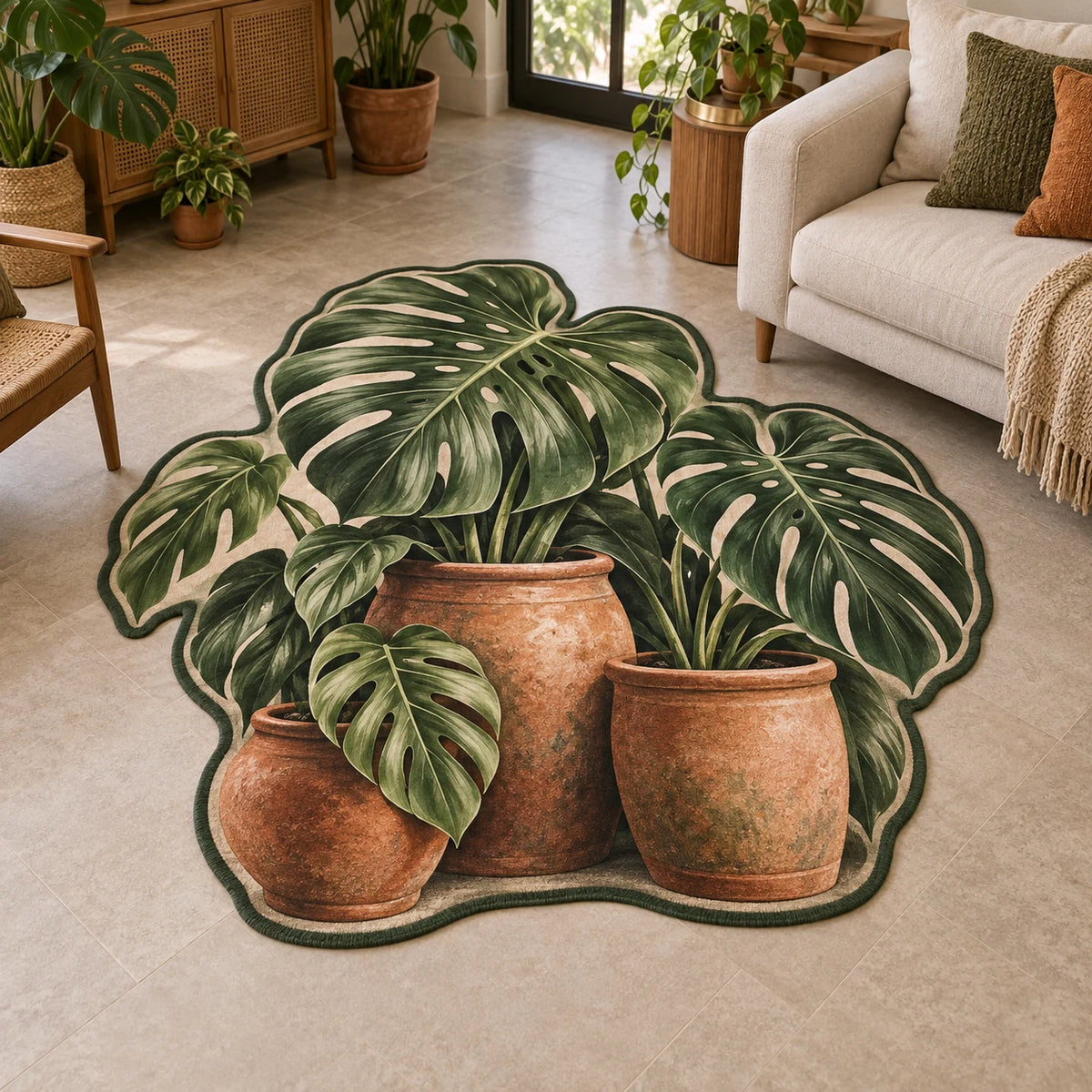 Monstera Terracotta Cluster Custom Shape Area Rug with dimensional printed artwork in a matching indoor setting