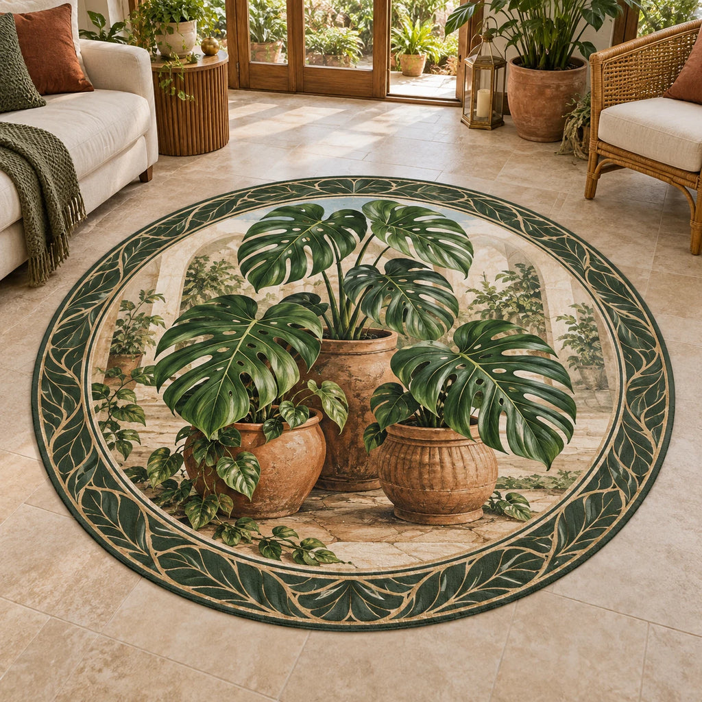 Monstera Terracotta Cluster Round Mat Rug with dimensional printed artwork in a matching indoor setting