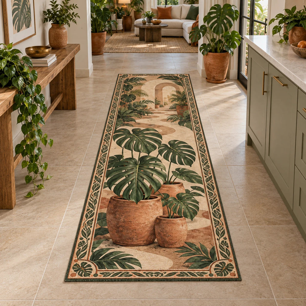 Monstera Terracotta Cluster Runner Rug with dimensional printed artwork in a matching indoor setting