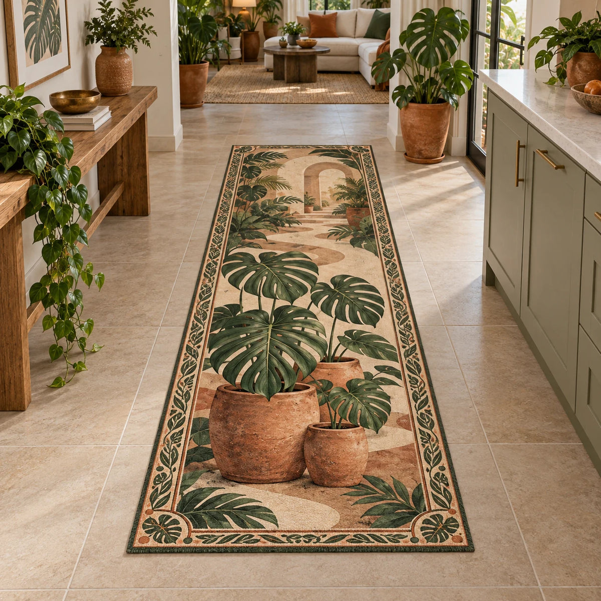 Monstera Terracotta Cluster Runner Rug with dimensional printed artwork in a matching indoor setting