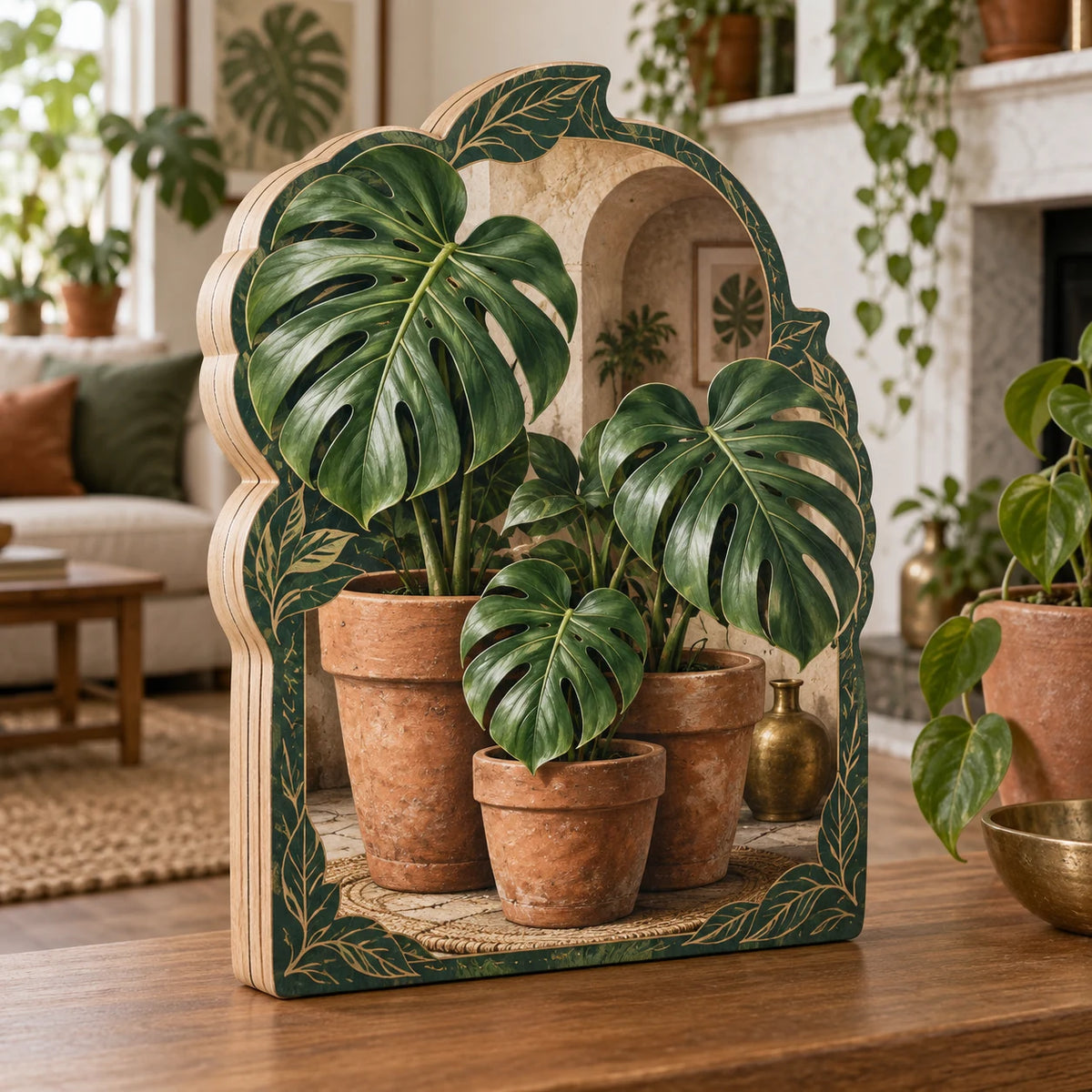 Monstera Terracotta Cluster Wooden Block with dimensional printed artwork in a matching indoor setting