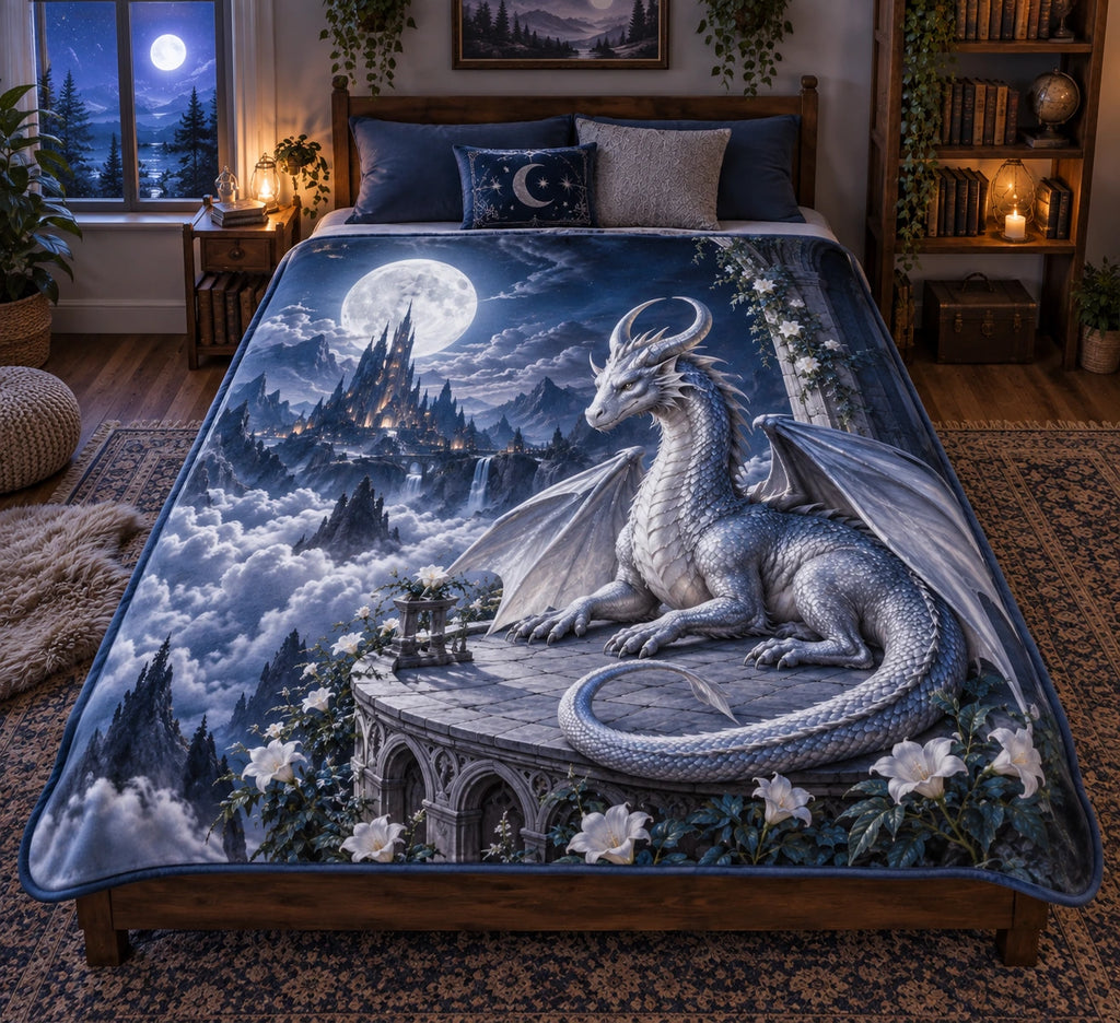 Silver moon dragon terrace printed on a flat fleece throw blanket.