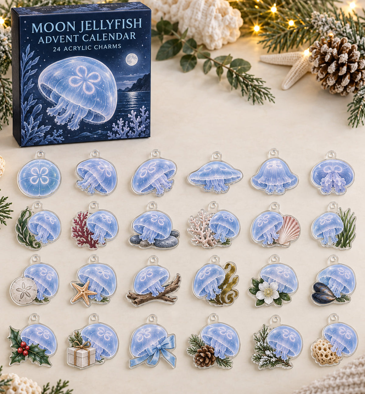 Moon Jellyfish advent calendar with 24 custom-shaped flat acrylic charms and printed dimensional artwork
