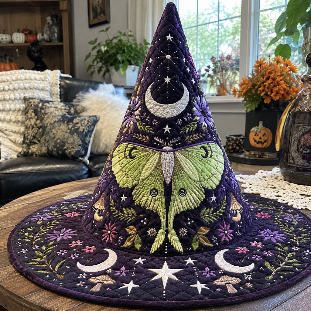 Moon Moth quilted witch hat, all-over print on cone and brim