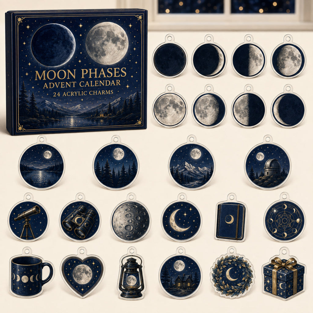 Moon Phases advent calendar box with24 printed acrylic astronomy-themed charms