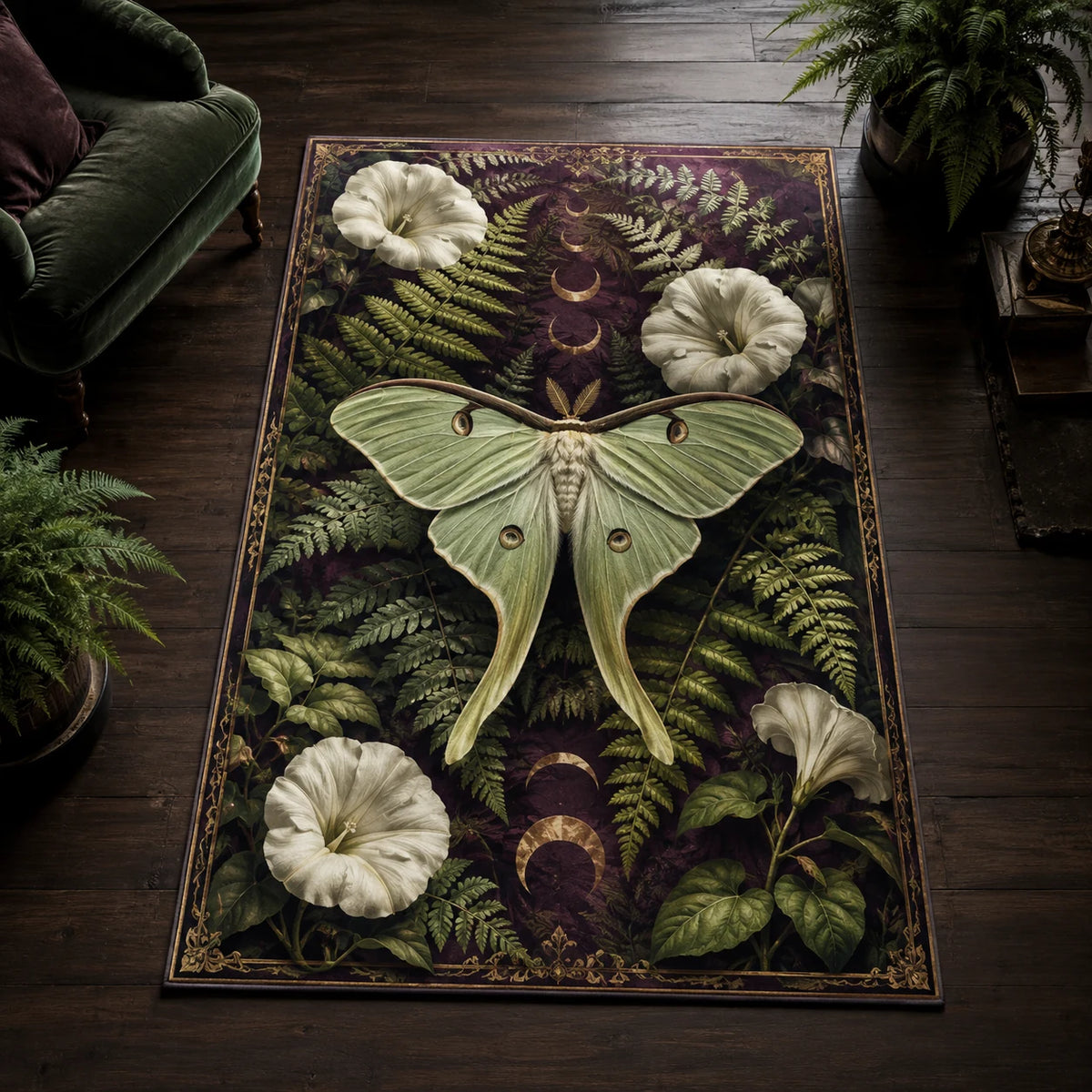 Moonlit Moth Botanical Tapestry area rug with a dimensional printed design in a moth botanical setting