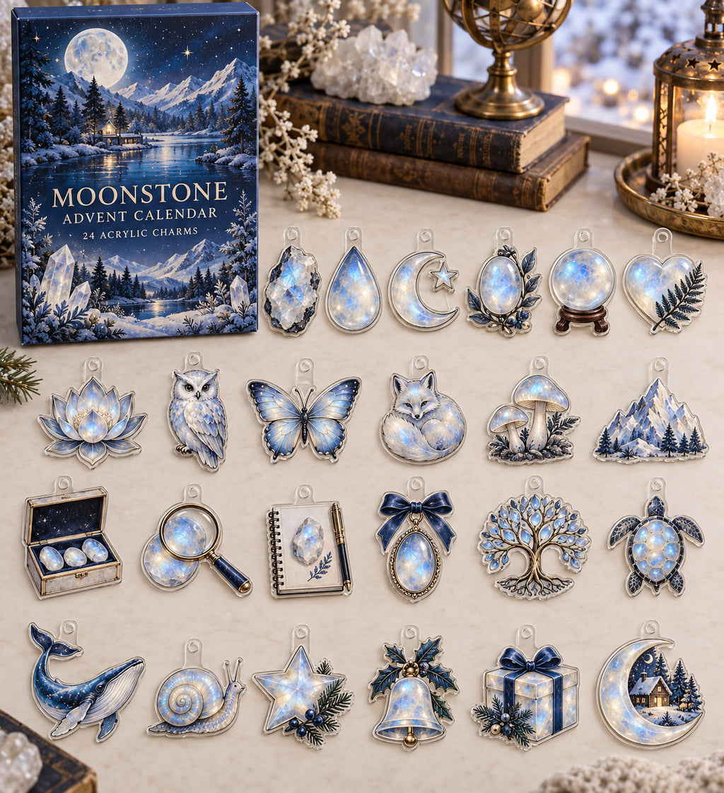 Moonstone advent calendar with 24 custom-shaped flat acrylic charms and printed dimensional artwork