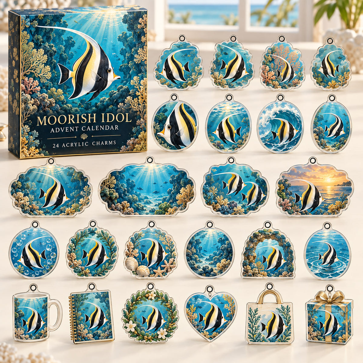 Moorish Idol advent calendar box with 24 themed flat printed acrylic charms