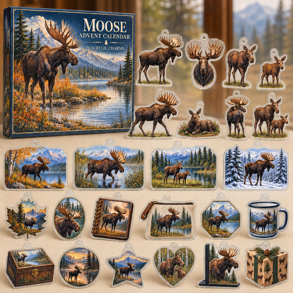 Moose advent calendar box with 24 wildlife-themed printed acrylic charms