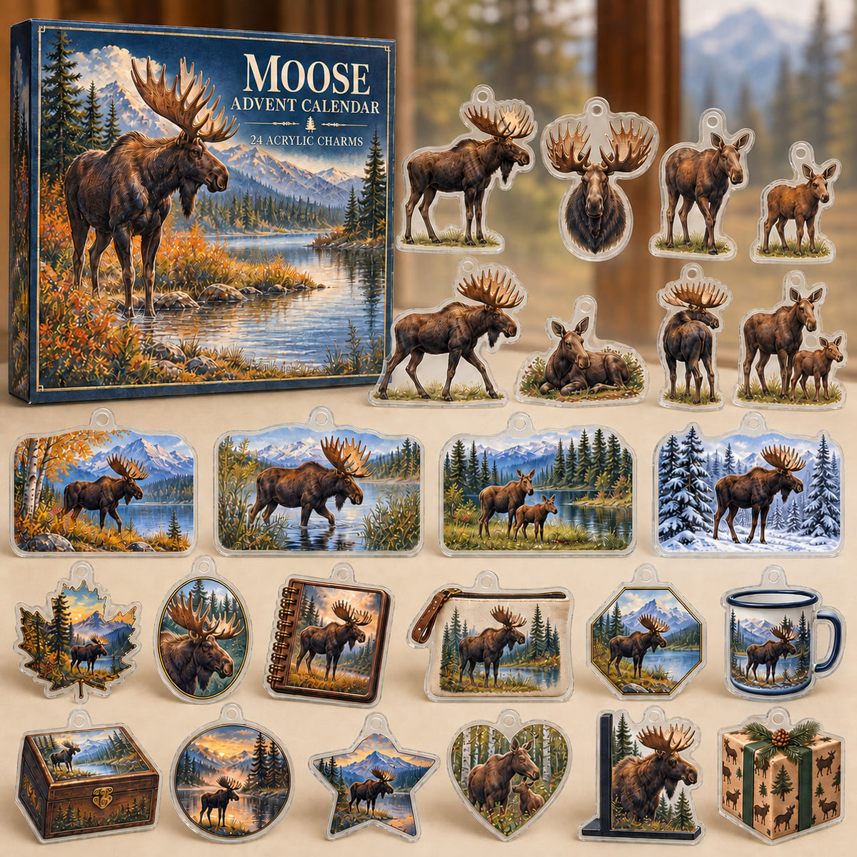 Moose advent calendar box with 24 wildlife-themed printed acrylic charms
